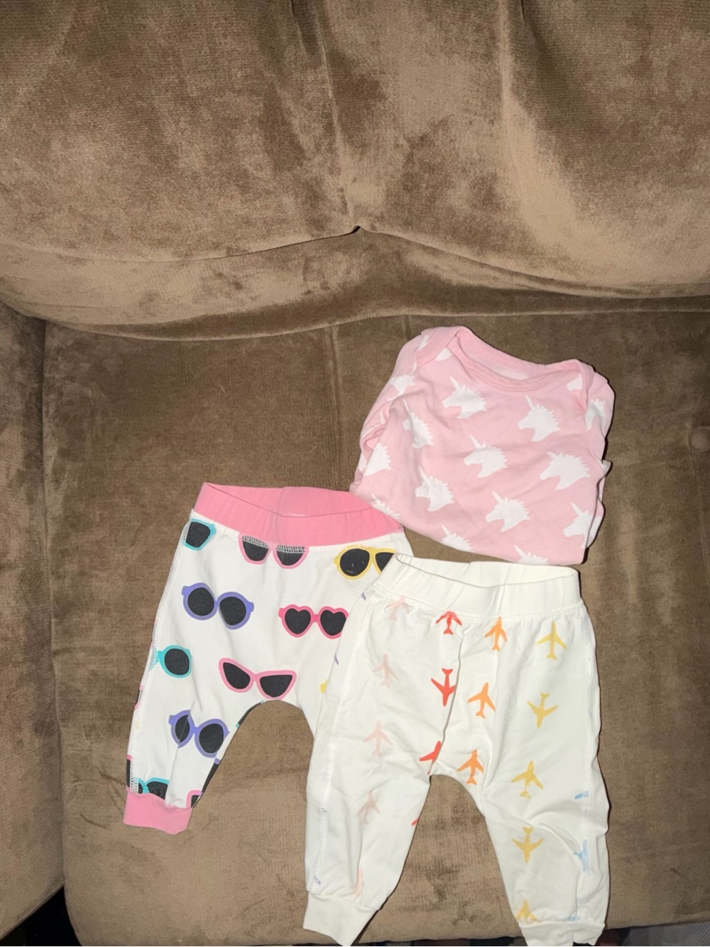 Monica and Andy Bundle- 2 wiggle pants (3-6 and 6-9) and unicorn onesie 6-9.